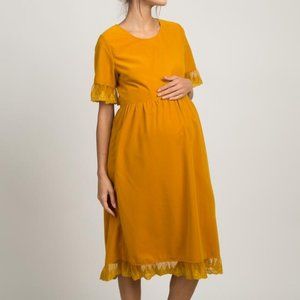 Mustard Corduroy Lace Trim Maternity Dress
